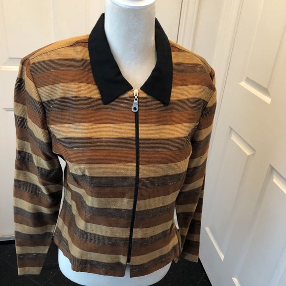 Vintage 1990s Nina Piccalino Earth Tones Zip Front Striped Jacket Sz 10 - Picture 1 of 7